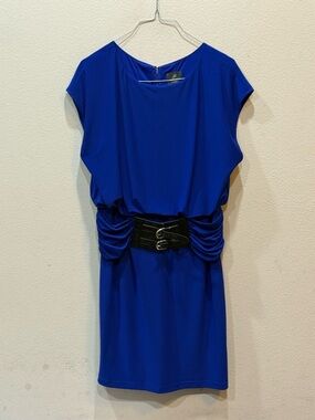 Adrianna Papell Royal Blue Draped Belted Mid Length Women’s Dress Size 14